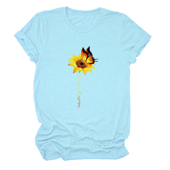 Never Give Up Sunflower-print Short-sleeved Top Casual T-shirt Women's Wear