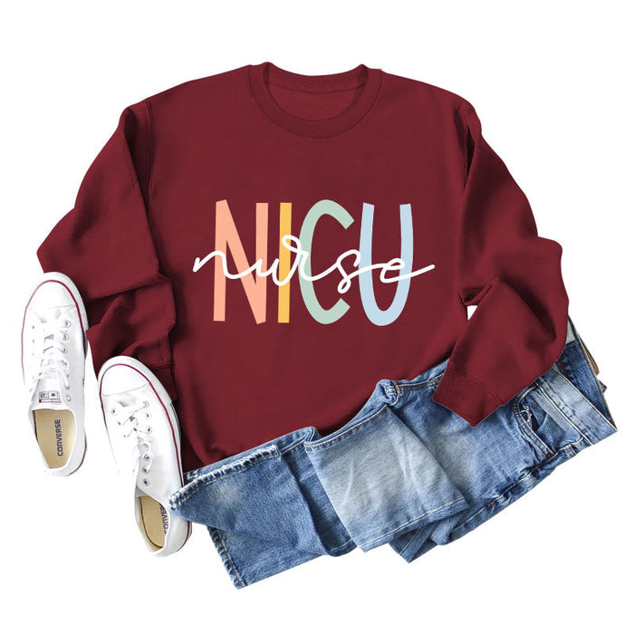 NICU Nurse Letter Round Neck Fashion Loose Bottomed Long Sleeve Women's Sweater