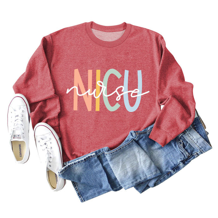 NICU Nurse Letter Round Neck Fashion Loose Bottomed Long Sleeve Women's Sweater