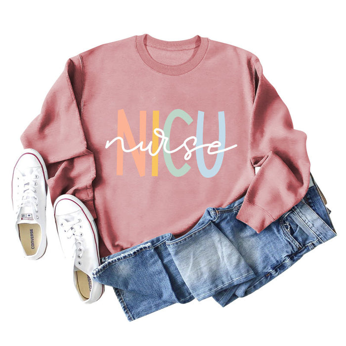 NICU Nurse Letter Round Neck Fashion Loose Bottomed Long Sleeve Women's Sweater