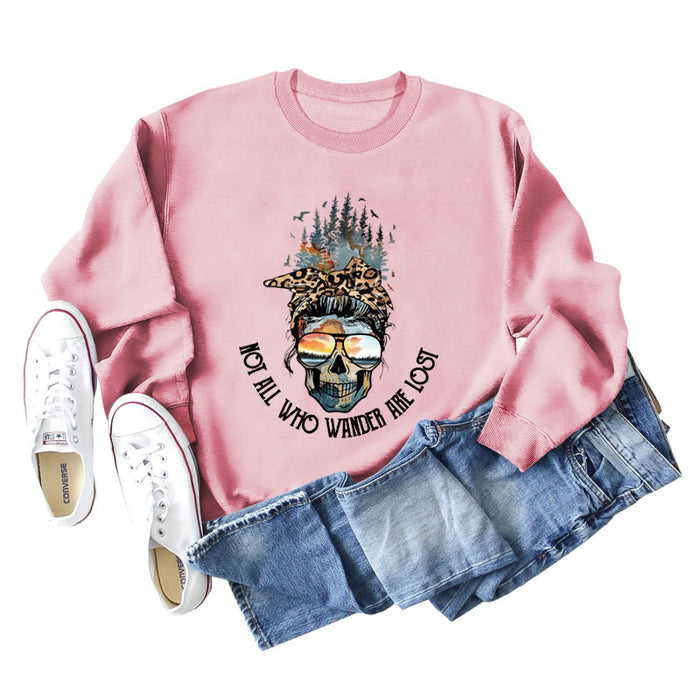 NOT ALL WHO WANDER ARE LOST Crew Neck Leopard Letter Long Sleeve Sweater Girl