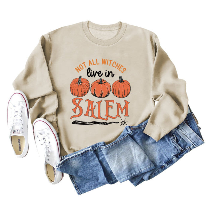 NOT ALL WITCHES LIVE IN SALEM Letter Pumpkin Print Long Sleeve Sweatshirt
