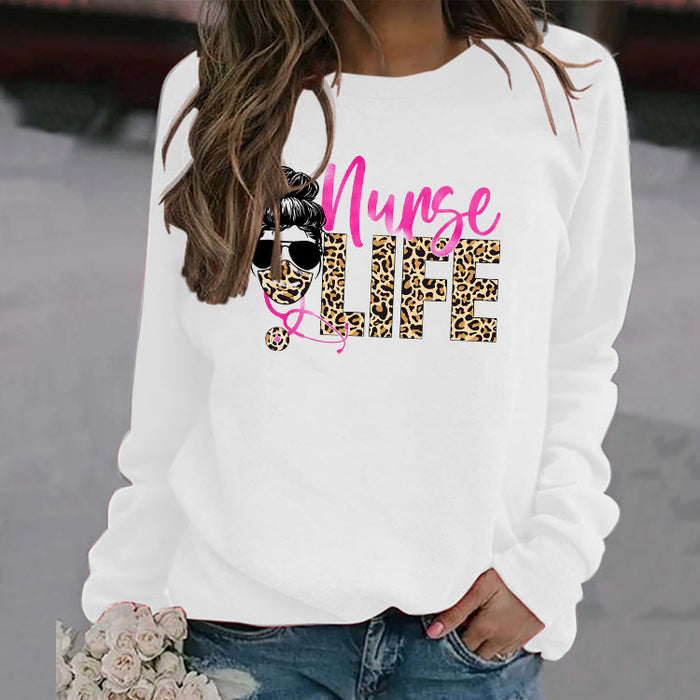 Nunse LIFE Letters Loose Leopard Print Long Sleeve