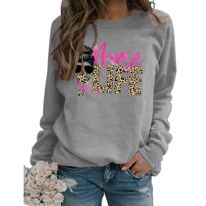Nunse LIFE Letters Loose Leopard Print Long Sleeve