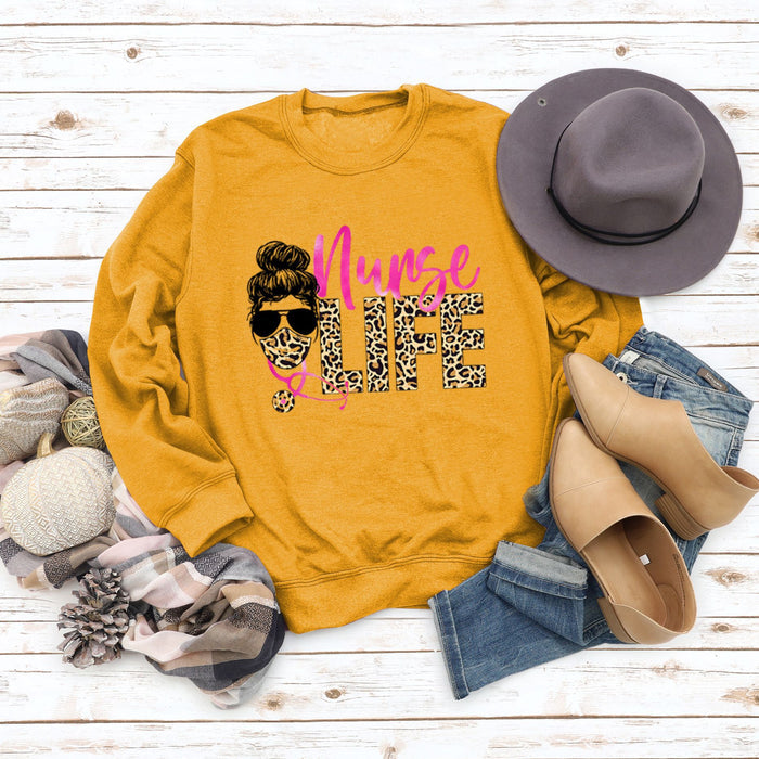 Nunse LIFE Letters Loose Leopard Print Long Sleeve