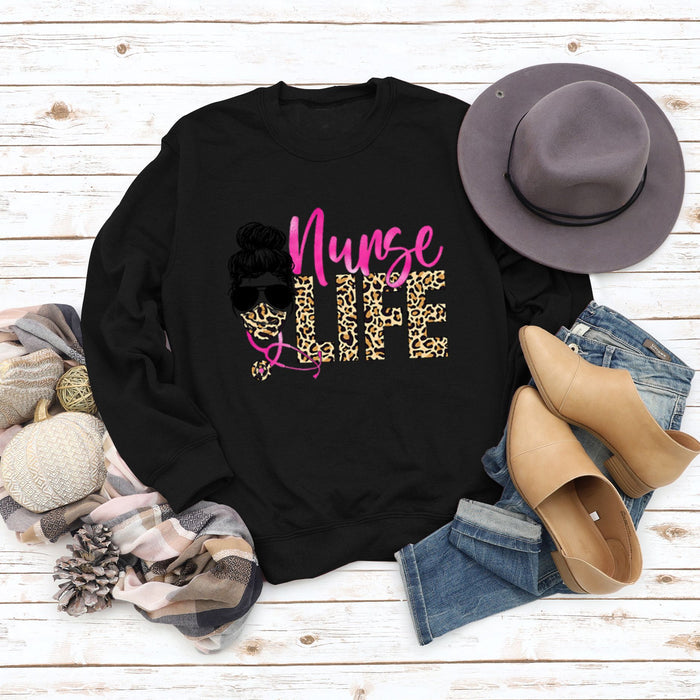 Nunse LIFE Letters Loose Leopard Print Long Sleeve