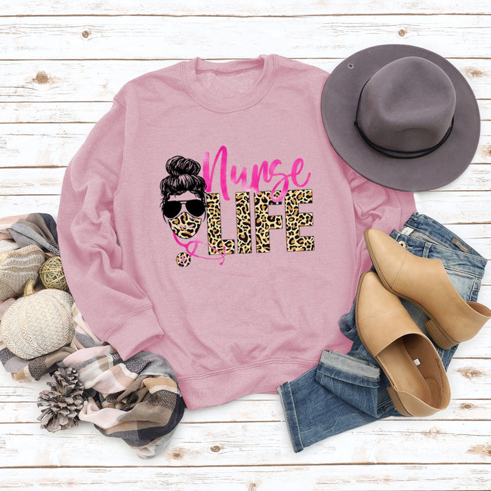 Nunse LIFE Letters Loose Leopard Print Long Sleeve