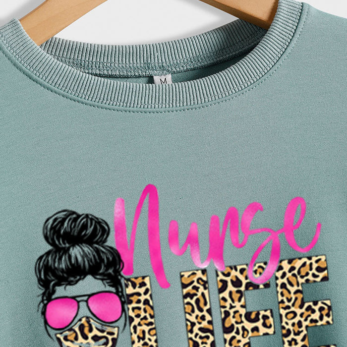Nunse Life Letters Round Neck Autumn and Winter Long-sleeved Spot Leopard Girl Printed Sweatshirt