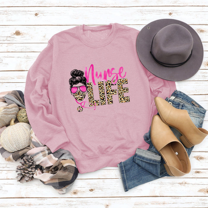 Nunse Life Letters Round Neck Autumn and Winter Long-sleeved Spot Leopard Girl Printed Sweatshirt