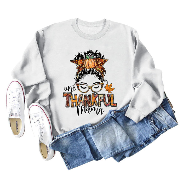 ONE THANKFUL MAMA Letter Pumpkin Halloween Round Neck Long Sleeve Sweatshirt with Large Size