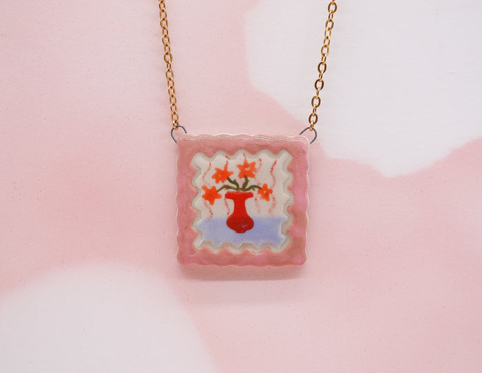 Orange Flowers Painting Necklace