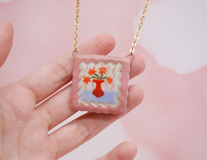 Orange Flowers Painting Necklace