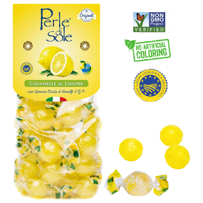 Bag of Perle di Sole Original Amalfi Coast lemon drops in yellow packaging with individually wrapped lemon candies