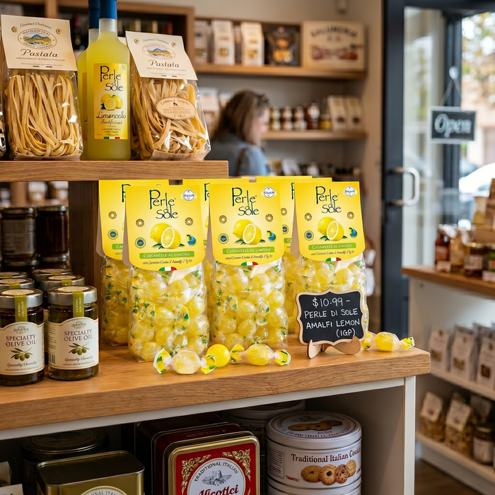 Bag of Perle di Sole Original Amalfi Coast lemon drops in yellow packaging with individually wrapped lemon candies