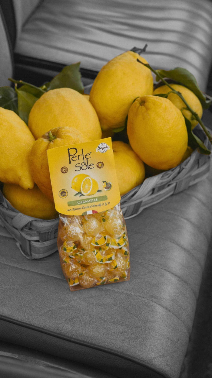 Bag of Perle di Sole Original Amalfi Coast lemon drops in yellow packaging with individually wrapped lemon candies