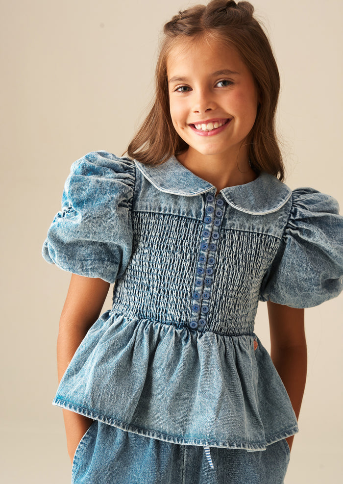 Orla Peter Pan Collar Shirred Denim Blouse