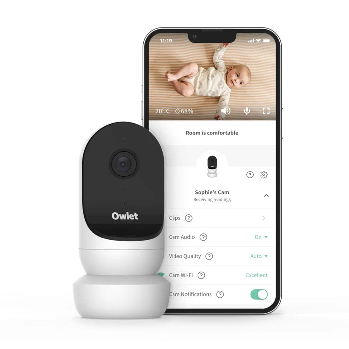 Owlet Cam 2 White showing baby monitor feed with Toshi baby romper, perfect for bare mum postpartum