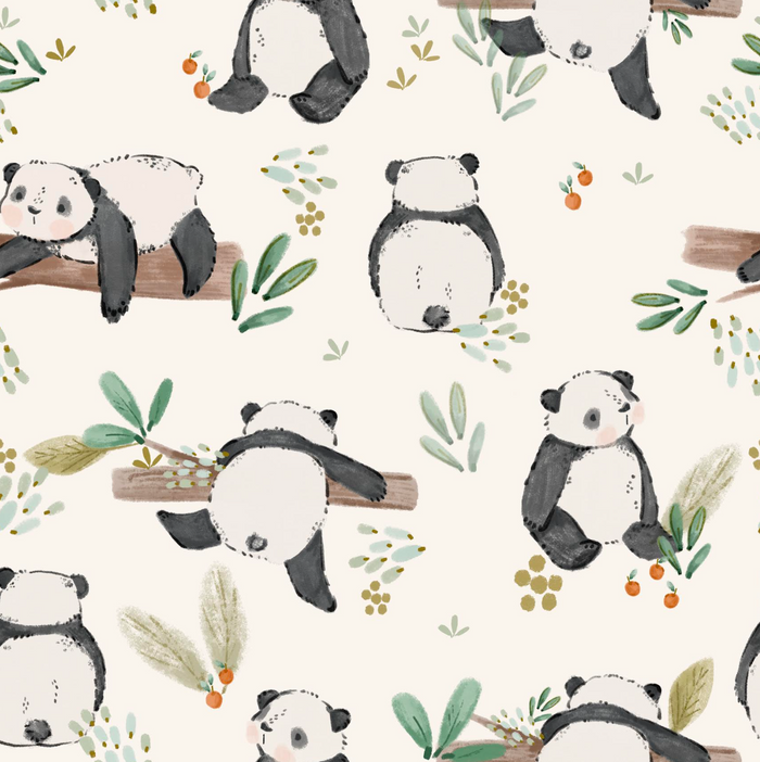 Pattern of pandas and leaves on a white background