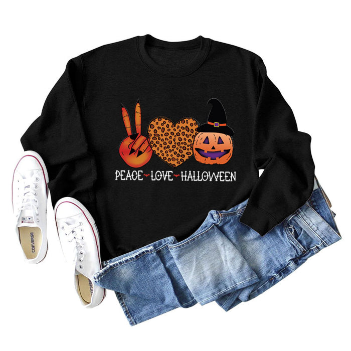 PEACE LOVE HALLOWEEN Leopard Love Letter Printing Ladies Long Sleeve Loose Casual Sweater