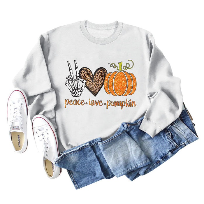 Peace Love Pumpkin Leopard Love Letter Round Neck Loose Long Sleeve Sweater Women