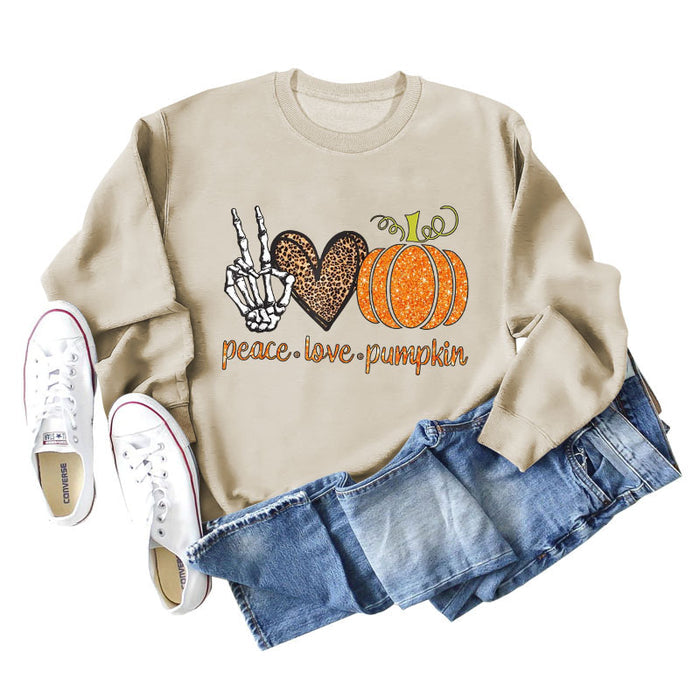 Peace Love Pumpkin Leopard Love Letter Round Neck Loose Long Sleeve Sweater Women