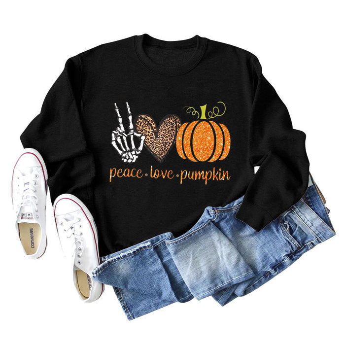 Peace Love Pumpkin Leopard Love Letter Round Neck Loose Long Sleeve Sweater Women