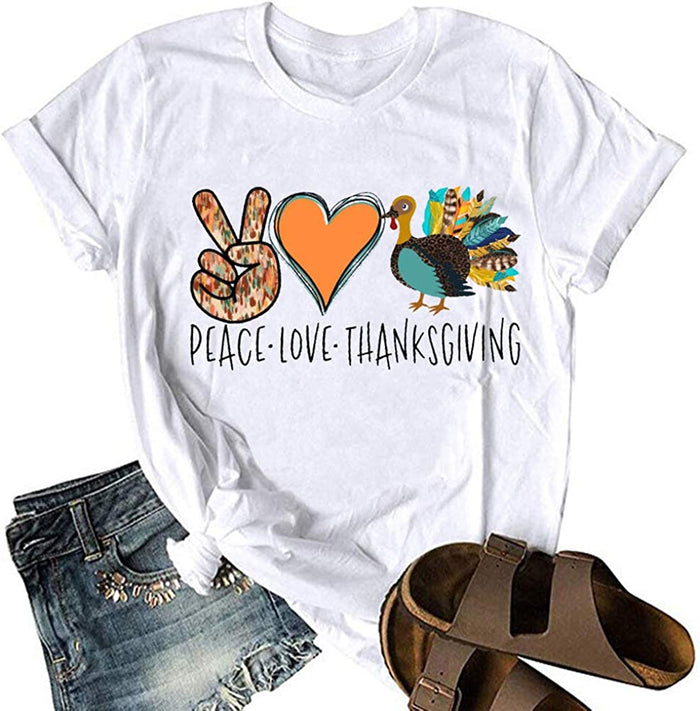 Peace Love Thanksgiving T-Shirt for Women Turkey Shirt