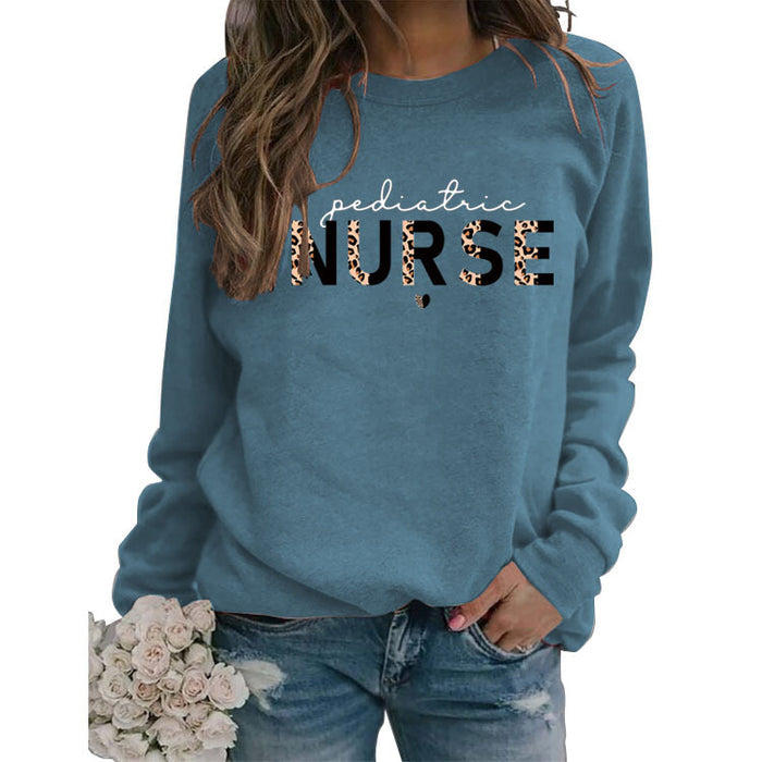 Pediatric Nurse Leopard Love Letter Fashion Loose Long Sleeve Sweater