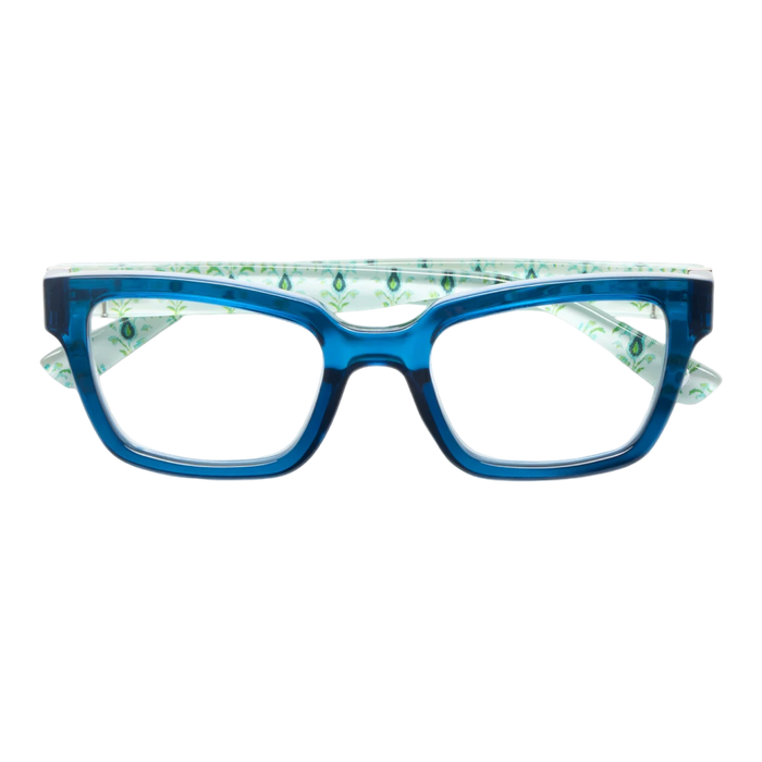 Shop Peepers x Laura Park Siren Readers in Deep Blue/Rosemary White, +1.75 strength. Limited-edition blue light readers with signature Laura Park pattern.