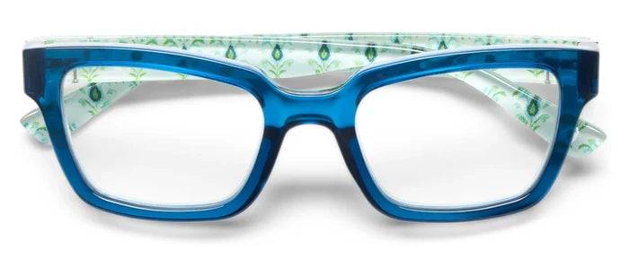 Shop Peepers x Laura Park Siren Readers in Deep Blue/Rosemary White, strength. Limited-edition blue light readers with signature Laura Park pattern.