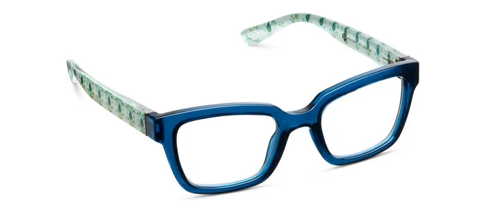 Shop Peepers x Laura Park Siren Readers in Deep Blue/Rosemary White, strength. Limited-edition blue light readers with signature Laura Park pattern.