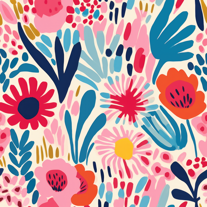 Colorful floral pattern with blue, pink, red, and orange flowers on a light background