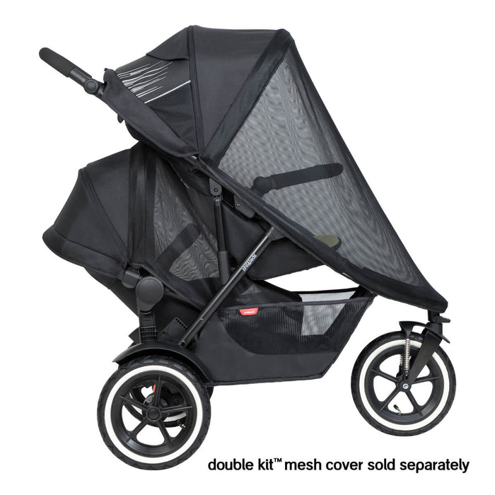 Black double stroller with mesh cover for baby strollers, perfect for Toshi Baby Romper adventures