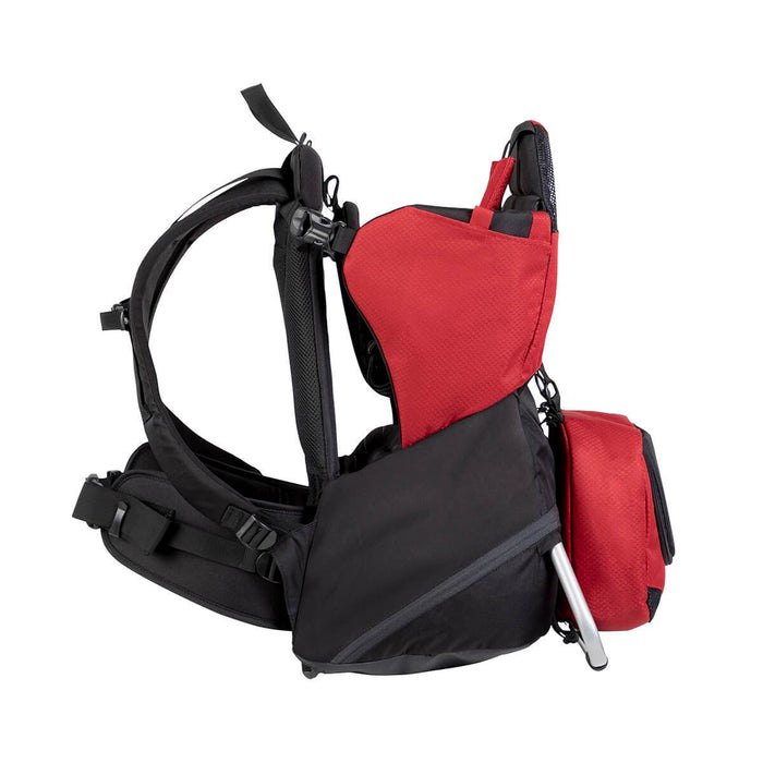 Red and black child carrier backpack on Phil&Teds parade for baby strollers fans