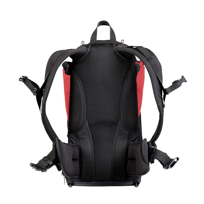 Red and black backpack from Phil&Teds Parade with Toshi Baby Romper and Odyssey Wagon Wheels design