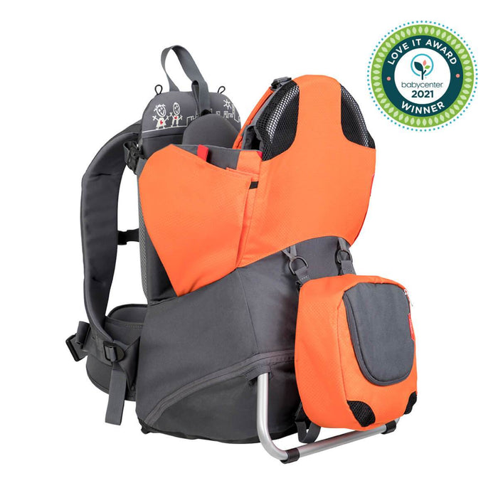 Gray and orange child carrier backpack for Phil&Teds parade, perfect with Toshi Baby Romper or Odyssey Wagon Wheels baby strollers