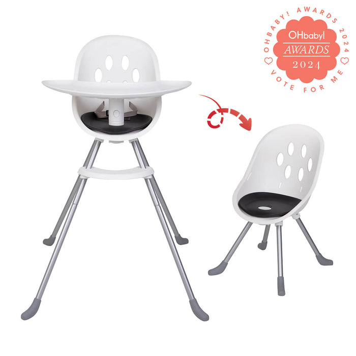 White convertible high chair from Phil&Teds Poppy perfect with Toshi Baby Romper and Odyssey Wagon Wheels