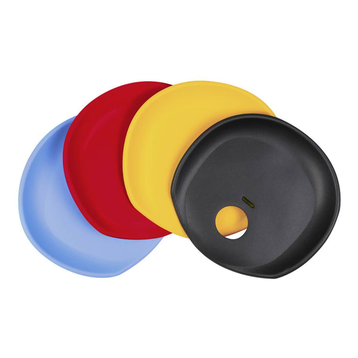Colorful stack of plates with Poppy Seat Liner for baby strollers and Toshi Baby Romper