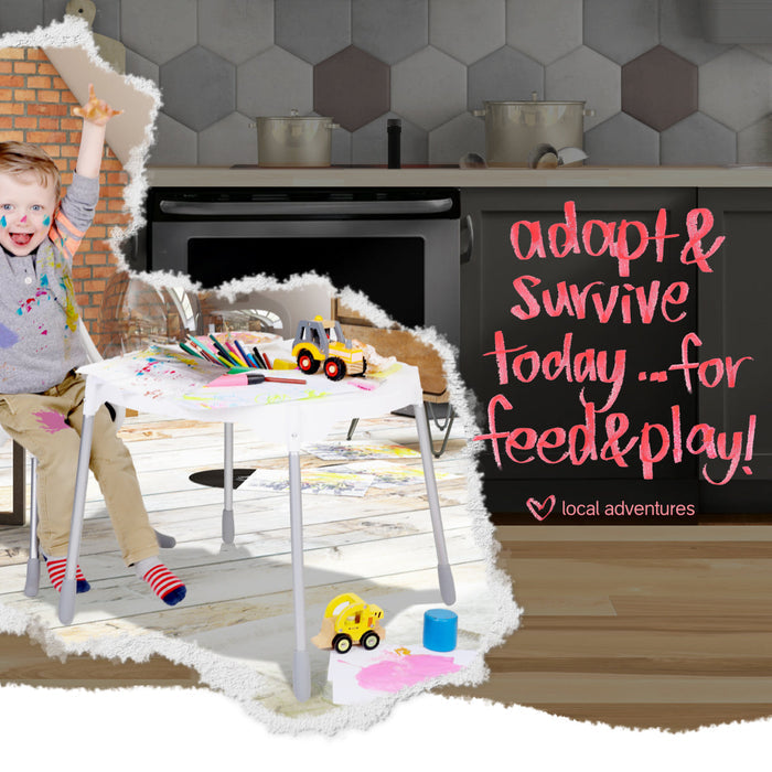 Child‚Äôs art table with paint and toys on Poppy Table for creative play and fun