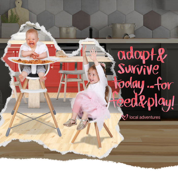 Children‚Äôs high chairs on display at Phil&Teds Poppy Wood Highchair shop