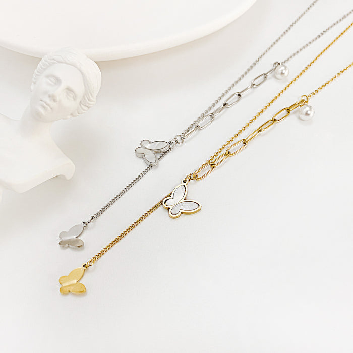 Pieced Chain with Three-dimensional Butterfly Pendant and Pearl Necklace with Matching Collarbone Chain
