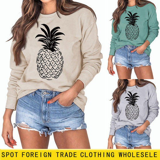 Pineapple Print Round Neck Loose Backing Long Sleeve Casual Large Size Sweater