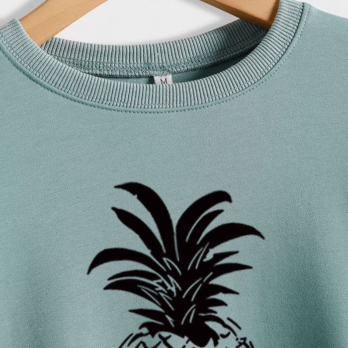 Pineapple Print Round Neck Loose Backing Long Sleeve Casual Large Size Sweater
