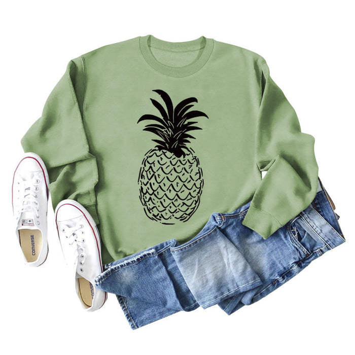 Pineapple Print Round Neck Loose Backing Long Sleeve Casual Large Size Sweater