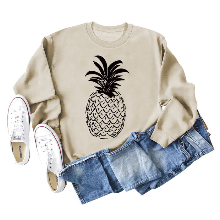 Pineapple Print Round Neck Loose Backing Long Sleeve Casual Large Size Sweater