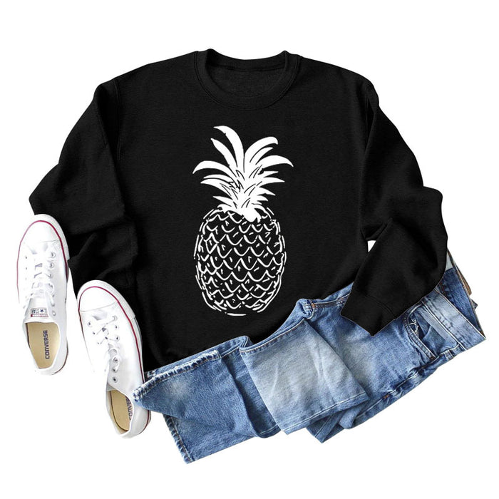 Pineapple Print Round Neck Loose Backing Long Sleeve Casual Large Size Sweater