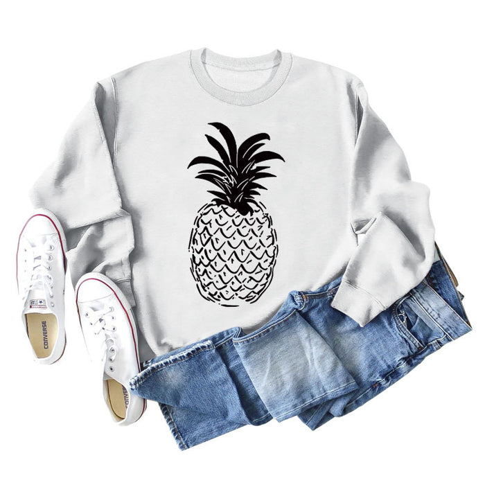 Pineapple Print Round Neck Loose Backing Long Sleeve Casual Large Size Sweater