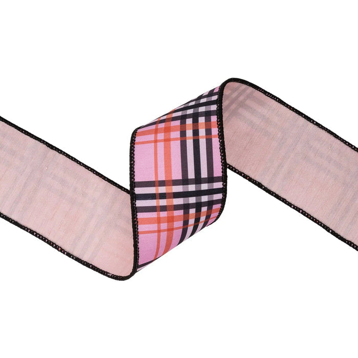 Pink, black and coral plaid wired dupioni ribbon with pink backing, 2.5 inches wide