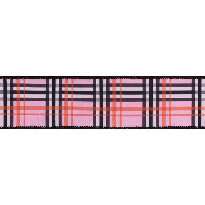 Pink, black and coral plaid wired dupioni ribbon with pink backing, 2.5 inches wide