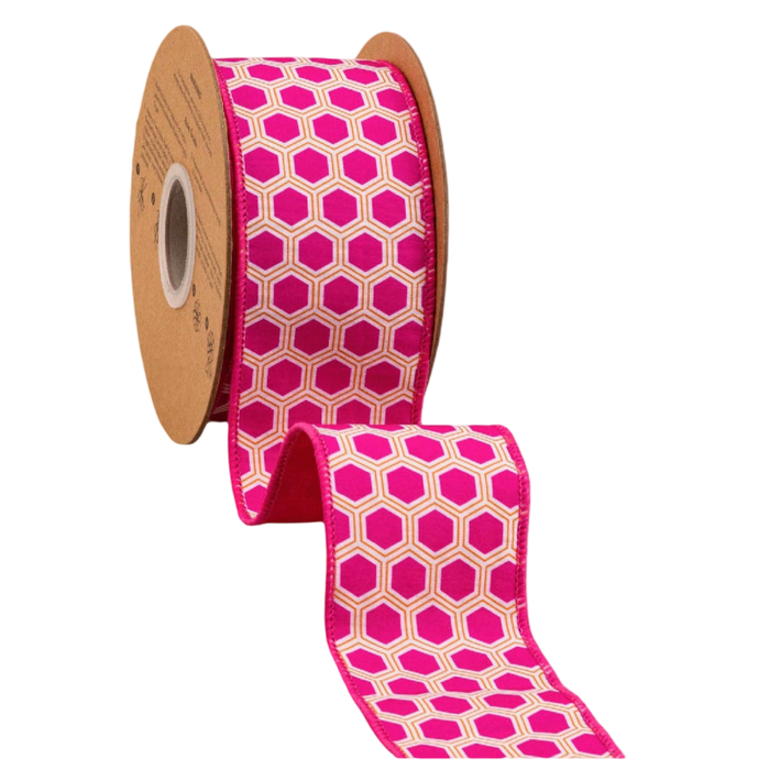 Shop pink and orange hexagon wired dupioni ribbon with coordinating pink backing. 2.5-inch decorative ribbon available by the yard or 10-yard roll.